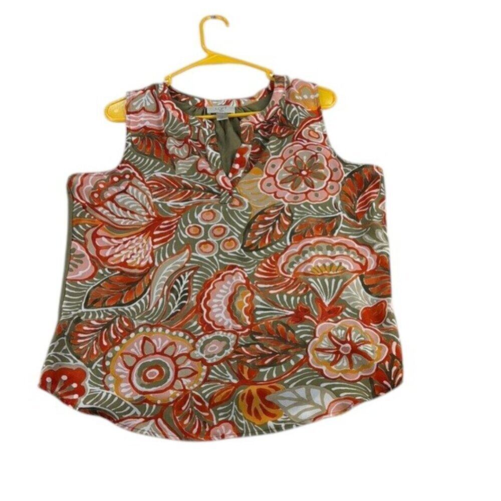LOFT Outlet Floral Tank Top Green Orange Pink Size L Petite Sleeveless Blouse